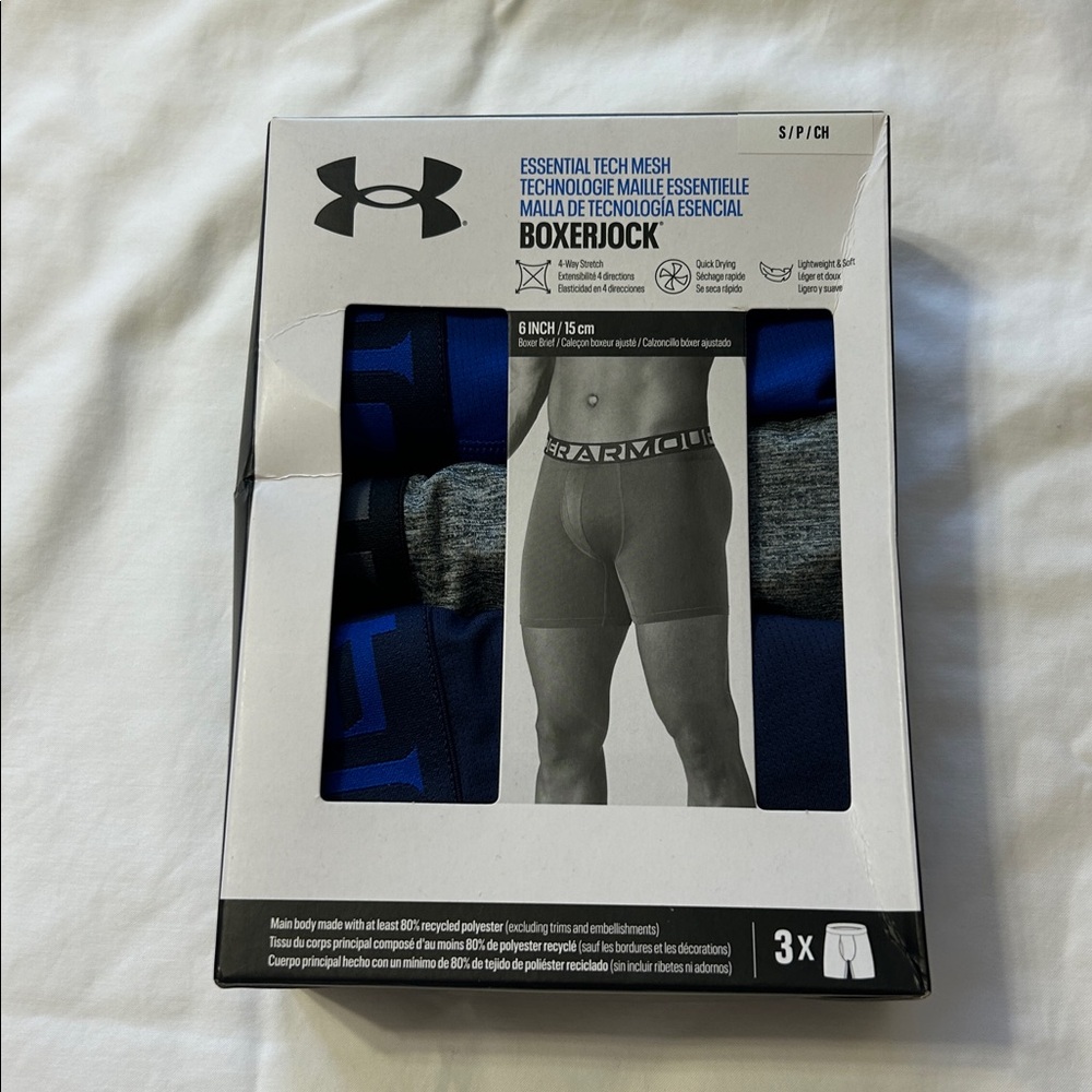 Under Armour Boxerjock Essential Tech 3 Pack Blue Navy Grey size SMALL NWT